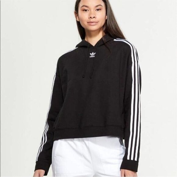 Adidas Womens Black Oversized Cropped Hoodie Three Stripe Pullover Sweatshirt XS - Picture 1 of 10